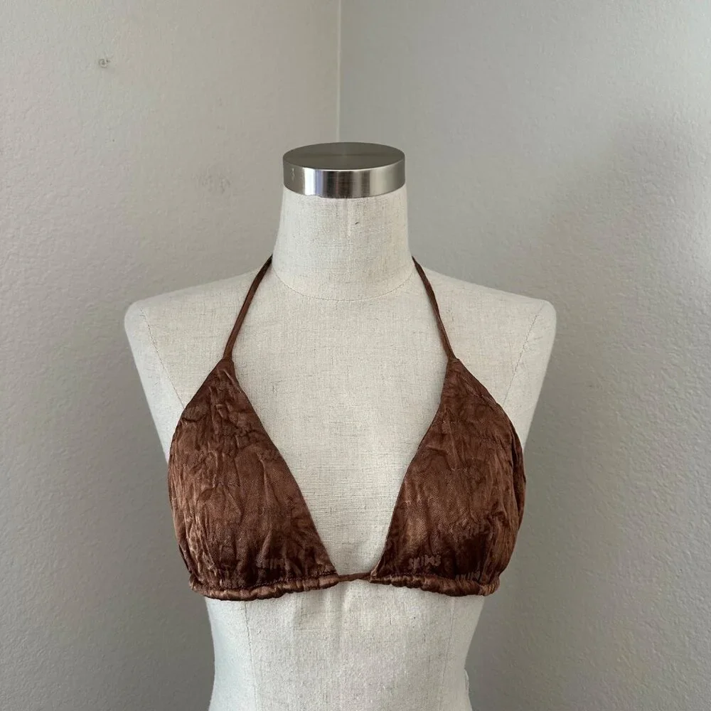 SKIMS Triangle Bikini Swim Top Satin Logo String Tie Brown L